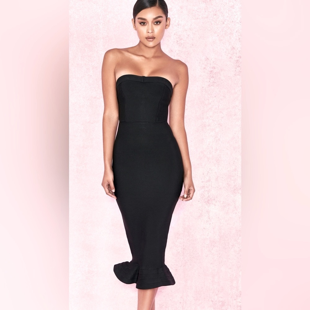 NWT - House Of CB London FABRIZIA 
BLACK BANDAGE STRAPLESS FLUTED-HEM DRESS